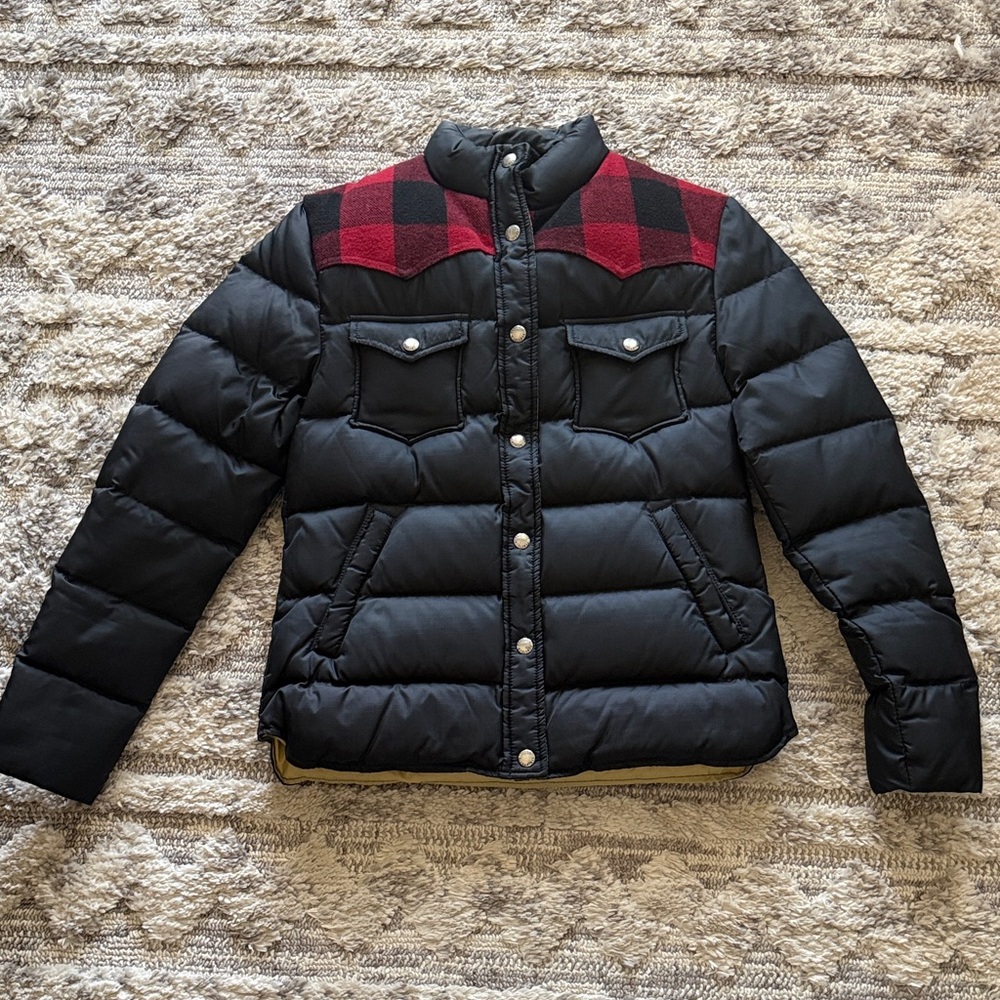 Penfield Black Puffer Jacket with Red Buffalo Plaid Yoke